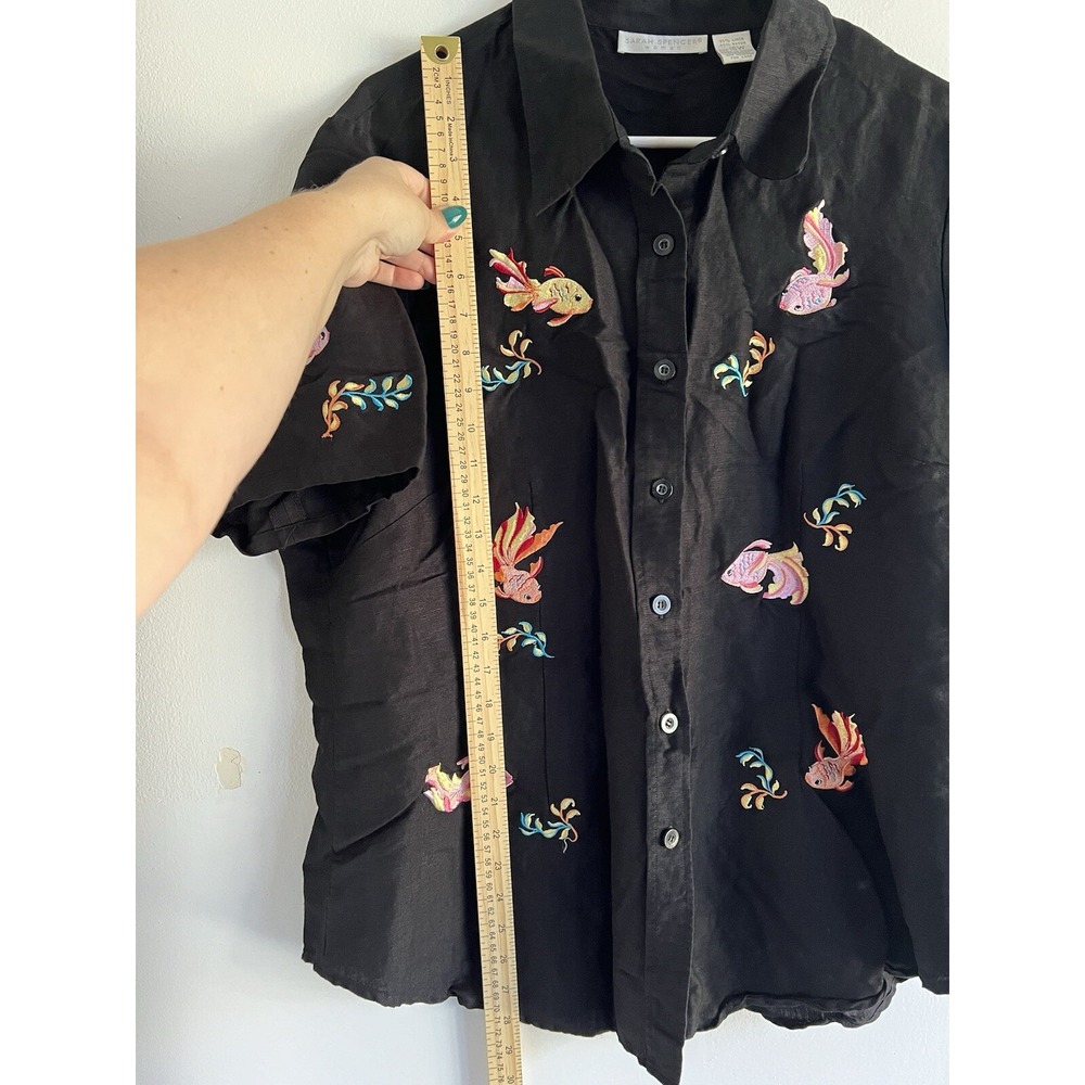 Sarah Spencer Black Linen Blouse Women's 16 Embroidered Artsy Goldfish Colorful - Picture 5 of 16